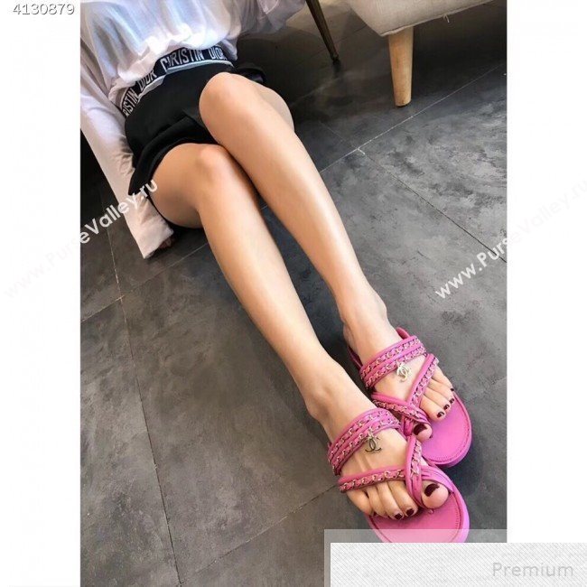 Chanel Flat Chain Leather Thong Sandals Pink 2019 (EM-9051531)