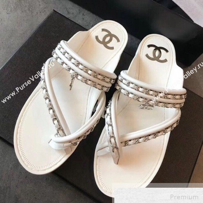 Chanel Flat Chain Leather Thong Sandals White 2019 (EM-9051532)