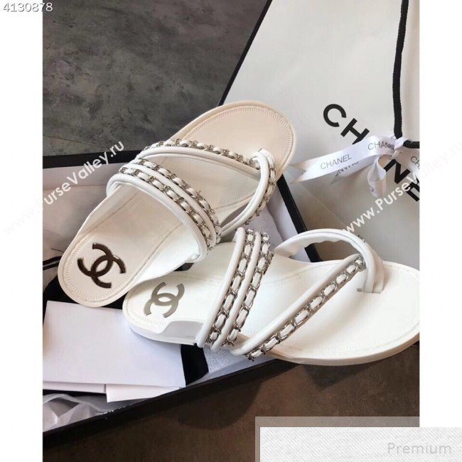 Chanel Flat Chain Leather Thong Sandals White 2019 (EM-9051532)