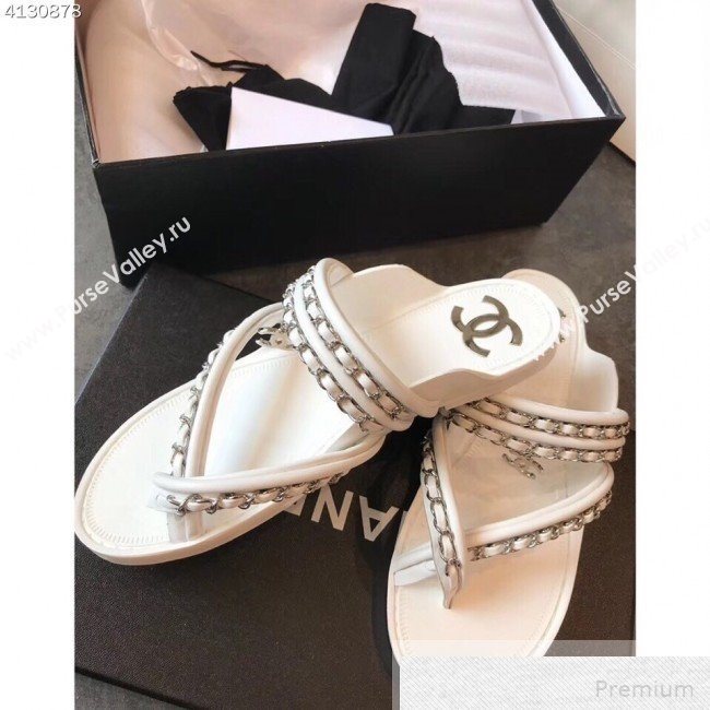 Chanel Flat Chain Leather Thong Sandals White 2019 (EM-9051532)
