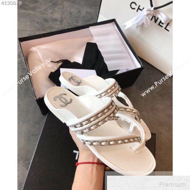 Chanel Flat Chain Leather Thong Sandals White 2019 (EM-9051532)