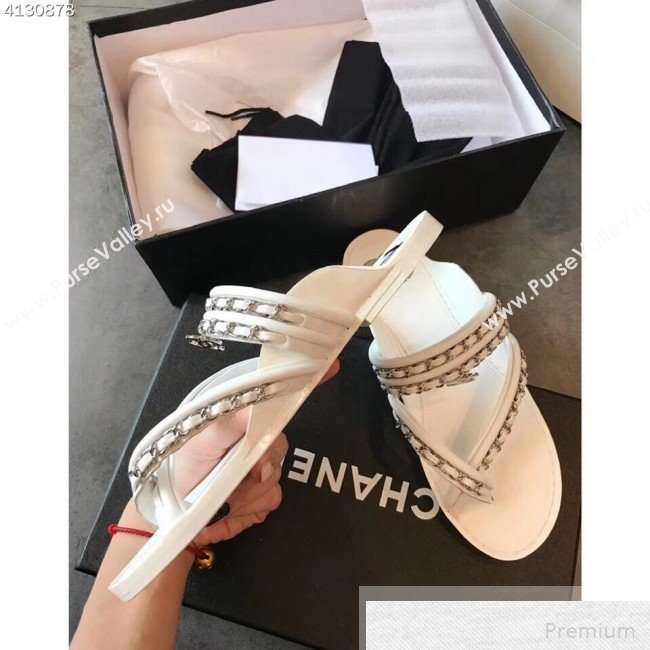 Chanel Flat Chain Leather Thong Sandals White 2019 (EM-9051532)