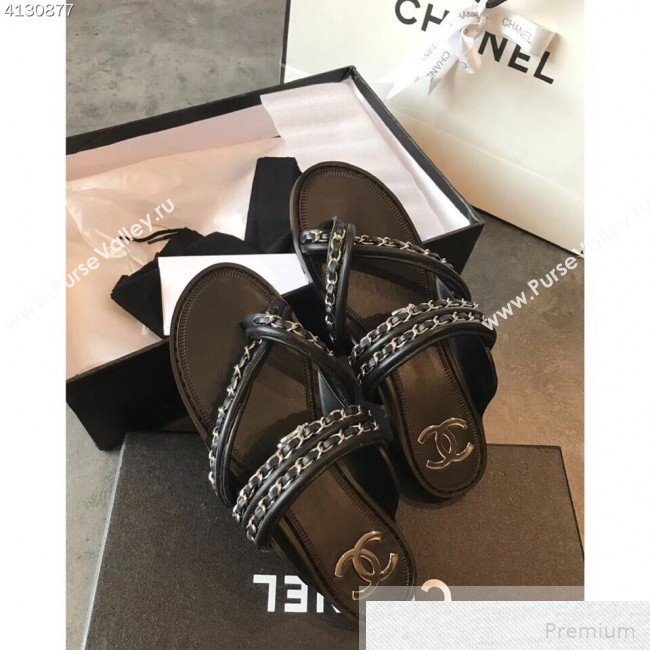 Chanel Flat Chain Leather Thong Sandals Black 2019 (EM-9051533)