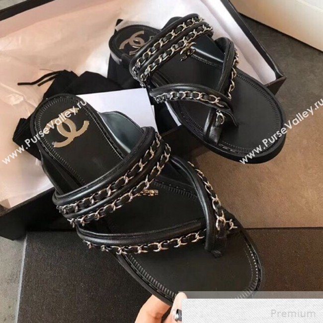 Chanel Flat Chain Leather Thong Sandals Black 2019 (EM-9051533)