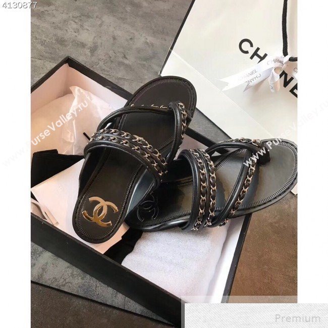 Chanel Flat Chain Leather Thong Sandals Black 2019 (EM-9051533)