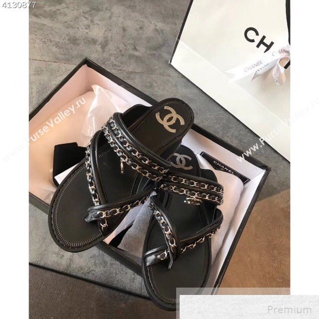Chanel Flat Chain Leather Thong Sandals Black 2019 (EM-9051533)