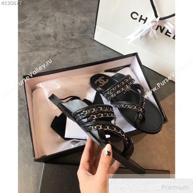 Chanel Flat Chain Leather Thong Sandals Black 2019 (EM-9051533)