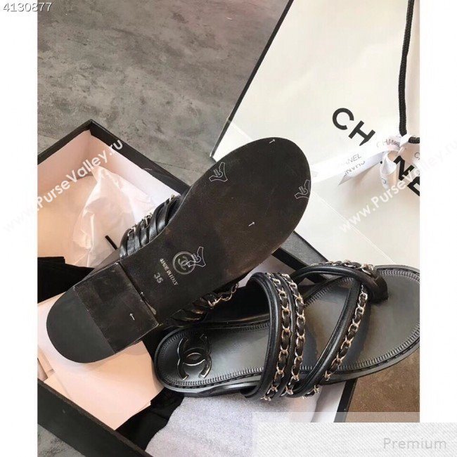 Chanel Flat Chain Leather Thong Sandals Black 2019 (EM-9051533)