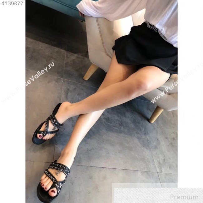 Chanel Flat Chain Leather Thong Sandals Black 2019 (EM-9051533)