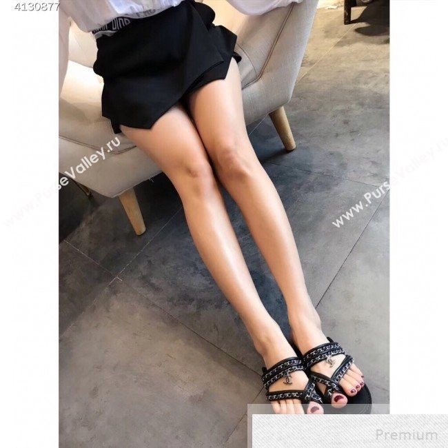 Chanel Flat Chain Leather Thong Sandals Black 2019 (EM-9051533)
