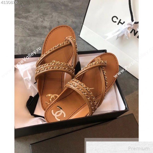 Chanel Flat Chain Leather Thong Sandals Brown 2019 (EM-9051534)