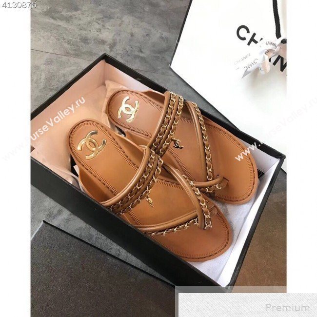 Chanel Flat Chain Leather Thong Sandals Brown 2019 (EM-9051534)