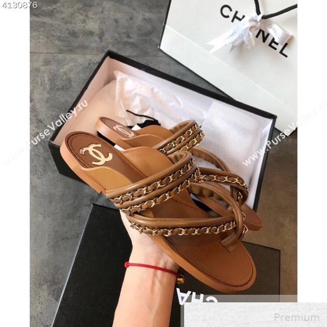 Chanel Flat Chain Leather Thong Sandals Brown 2019 (EM-9051534)