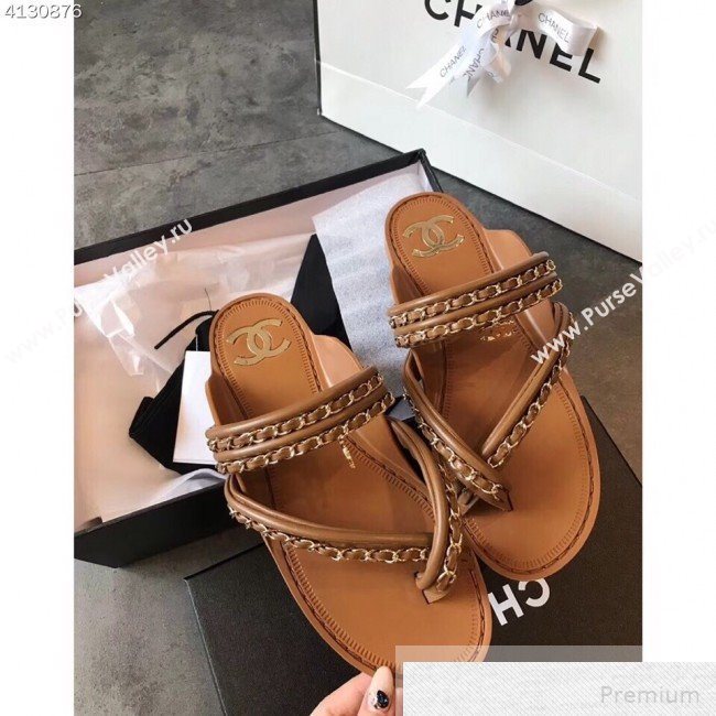 Chanel Flat Chain Leather Thong Sandals Brown 2019 (EM-9051534)