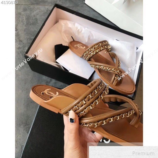 Chanel Flat Chain Leather Thong Sandals Brown 2019 (EM-9051534)
