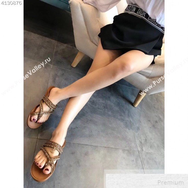 Chanel Flat Chain Leather Thong Sandals Brown 2019 (EM-9051534)