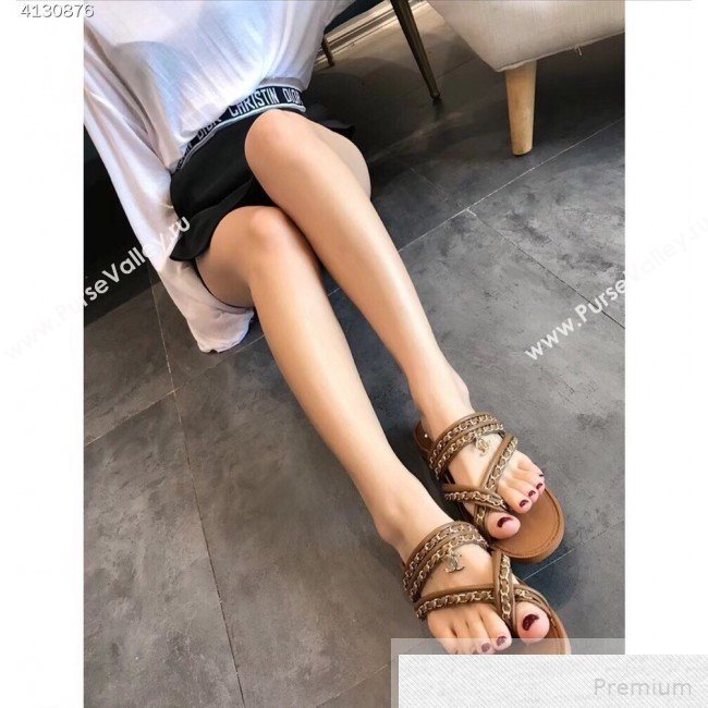 Chanel Flat Chain Leather Thong Sandals Brown 2019 (EM-9051534)