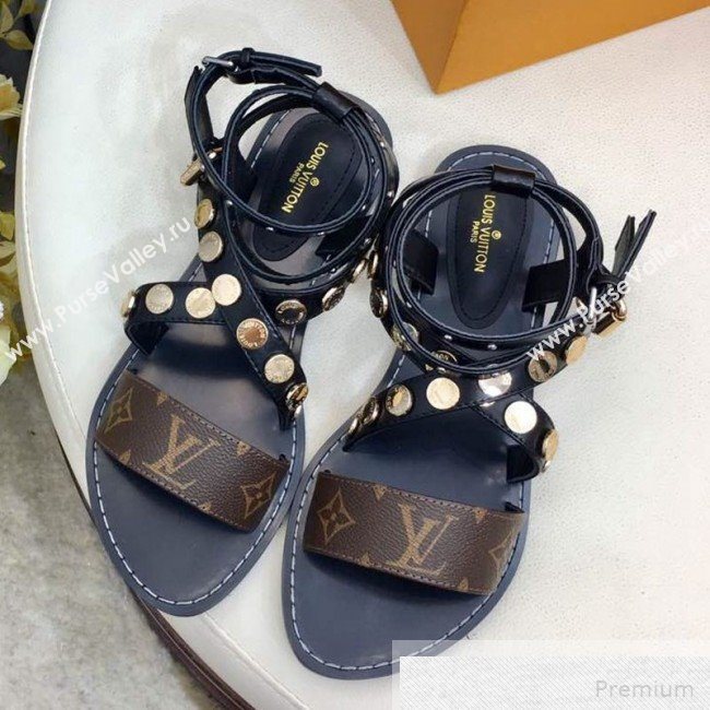 Louis Vuitton Flat Passenger Studs Cross Sandals 1A4VOW Black 2019 (1050-9051539)