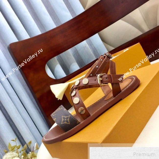 Louis Vuitton Flat Passenger Studs Cross Sandals 1A4VOW Brown 2019 (1050-9051540)