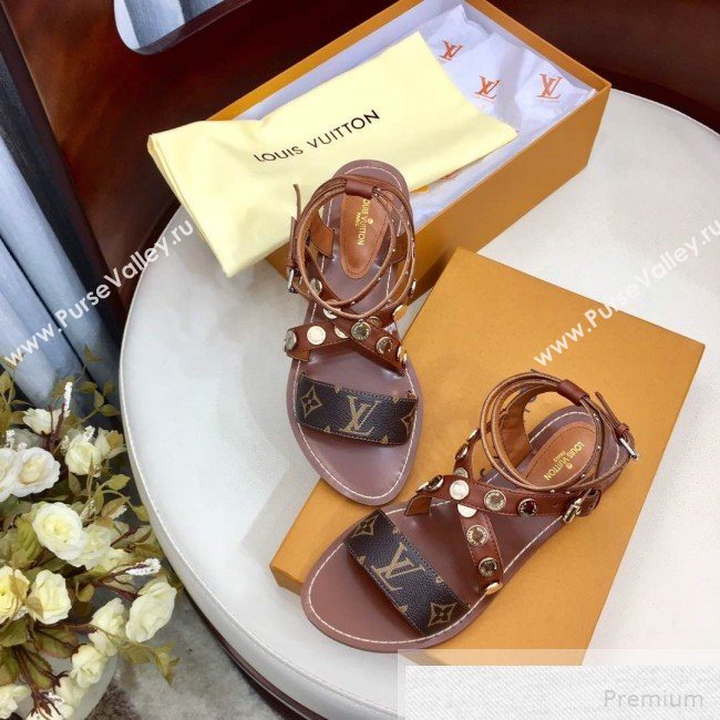 Louis Vuitton Flat Passenger Studs Cross Sandals 1A4VOW Brown 2019 (1050-9051540)