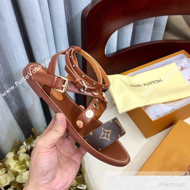 Louis Vuitton Flat Passenger Studs Cross Sandals 1A4VOW Brown 2019 (1050-9051540)