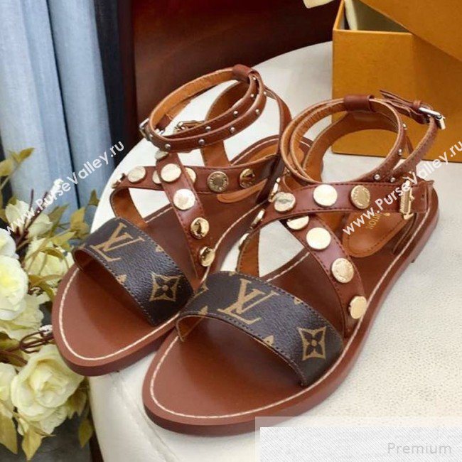 Louis Vuitton Flat Passenger Studs Cross Sandals 1A4VOW Brown 2019 (1050-9051540)