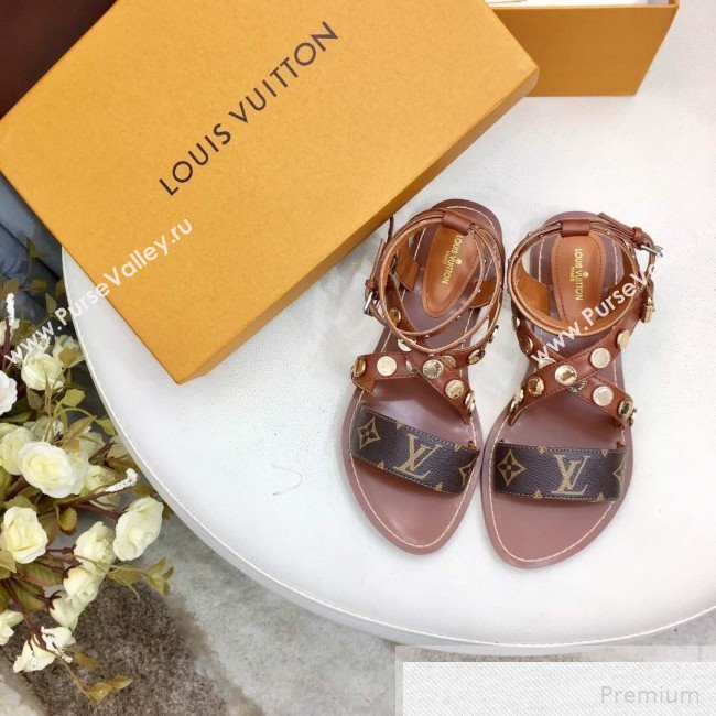 Louis Vuitton Flat Passenger Studs Cross Sandals 1A4VOW Brown 2019 (1050-9051540)