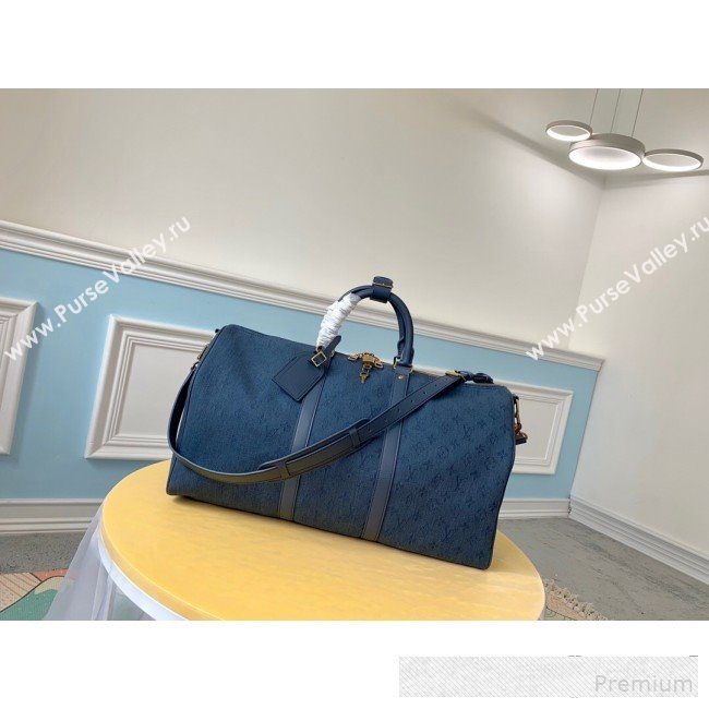 Louis Vuitton Monogram Denim Keepall Bandoulière 50 Top Handle Travel Bag M44644 Navy Blue 2019 (LVSJ-9061039)