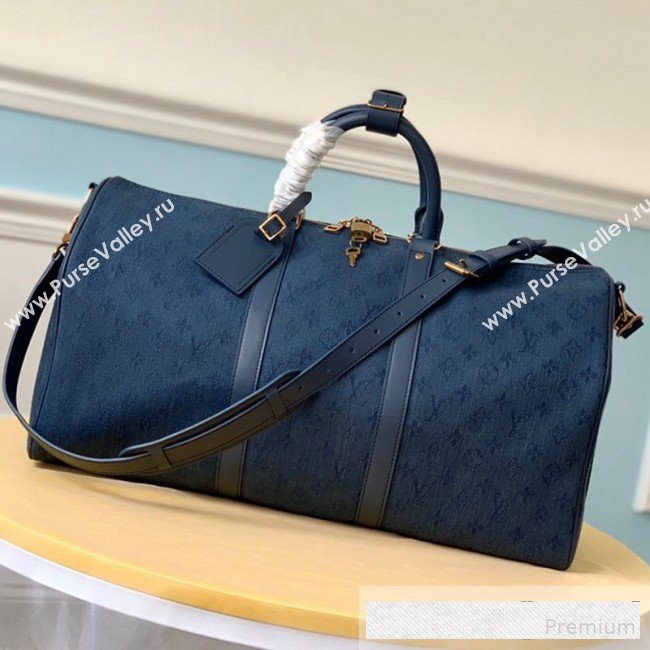 Louis Vuitton Monogram Denim Keepall Bandoulière 50 Top Handle Travel Bag M44644 Navy Blue 2019 (LVSJ-9061039)