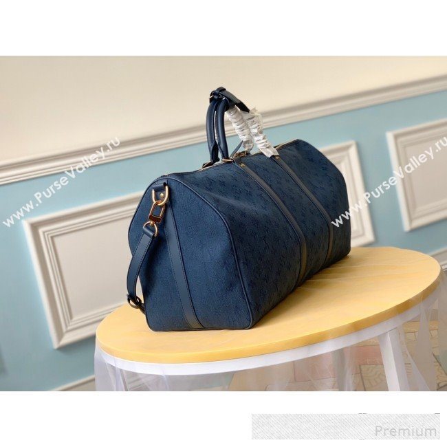 Louis Vuitton Monogram Denim Keepall Bandoulière 50 Top Handle Travel Bag M44644 Navy Blue 2019 (LVSJ-9061039)