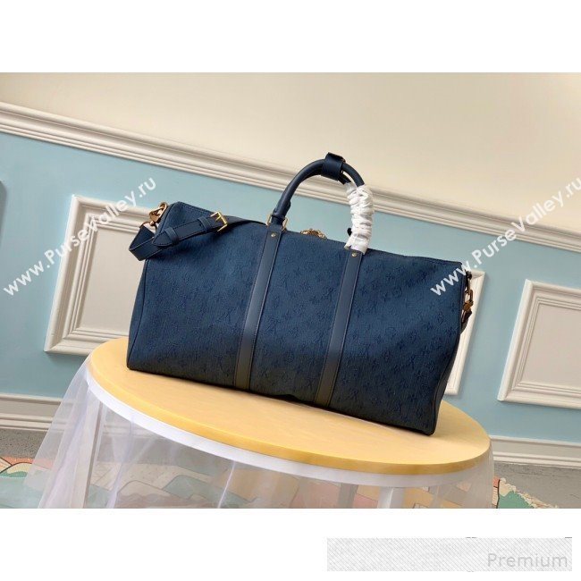 Louis Vuitton Monogram Denim Keepall Bandoulière 50 Top Handle Travel Bag M44644 Navy Blue 2019 (LVSJ-9061039)