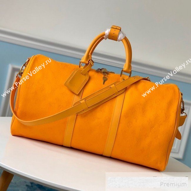 Louis Vuitton Monogram Denim Keepall Bandoulière 50 Top Handle Travel Bag M44644 Ochre Yellow 2019 (LVSJ-9061038)