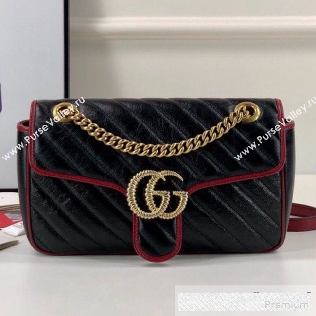 Gucci GG Diagonal Marmont Small Shoulder Bag ‎443497 Black/Red 2019 (DLH-9061060)