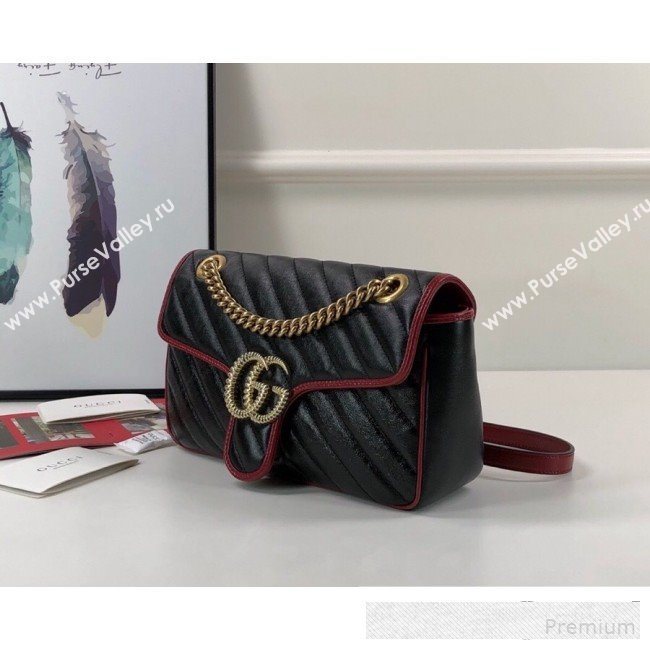 Gucci GG Diagonal Marmont Small Shoulder Bag ‎443497 Black/Red 2019 (DLH-9061060)