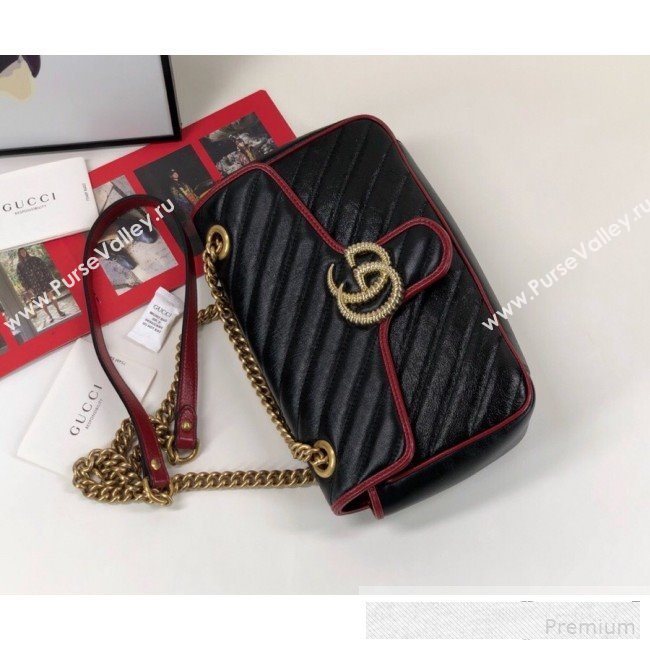 Gucci GG Diagonal Marmont Small Shoulder Bag ‎443497 Black/Red 2019 (DLH-9061060)