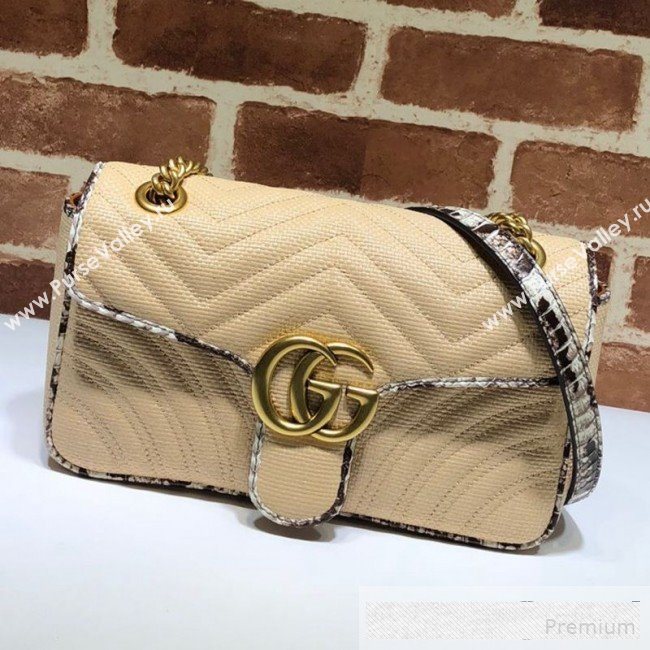 Gucci GG Marmont Raffia Small Shoulder Bag ‎443497 Beige/Cream White/Brown Snakeskin Trim 2019 (DLH-9061059)