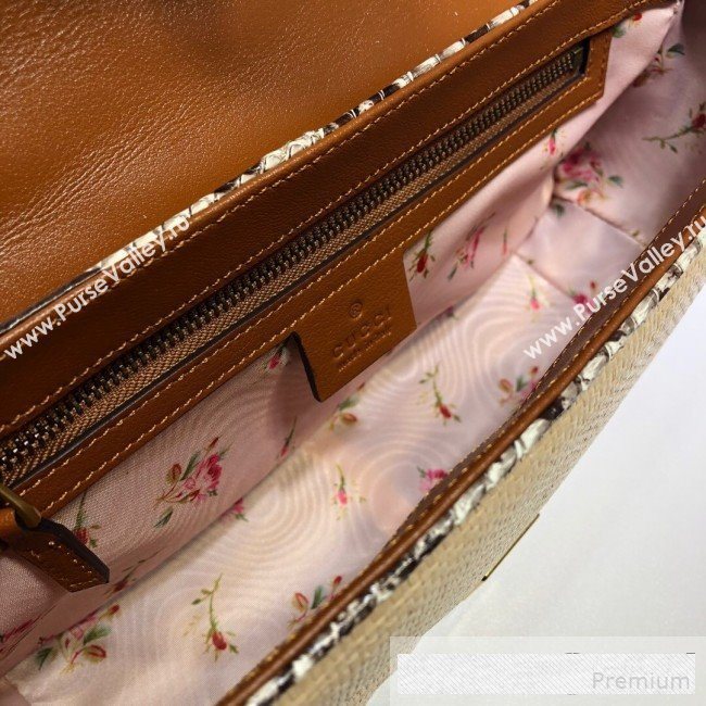 Gucci GG Marmont Raffia Small Shoulder Bag ‎443497 Beige/Cream White/Brown Snakeskin Trim 2019 (DLH-9061059)