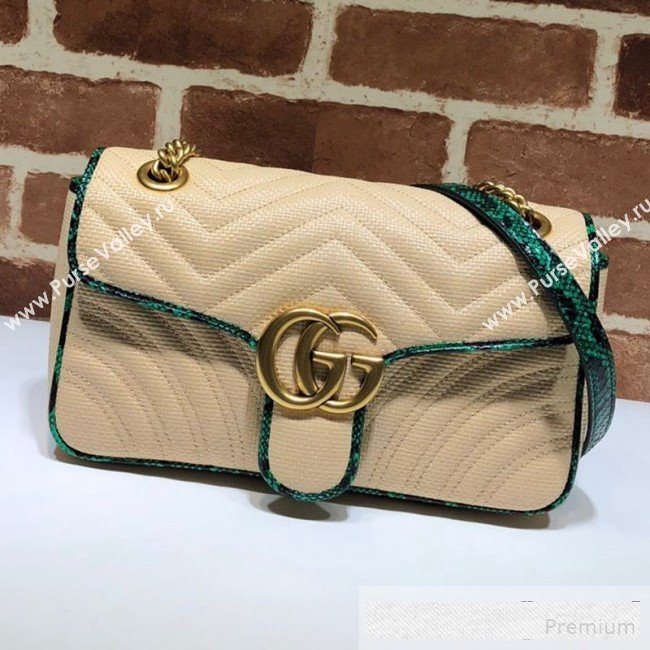 Gucci GG Marmont Raffia Small Shoulder Bag ‎443497 Beige/Green Snakeskin Trim 2019 (DLH-9061058)