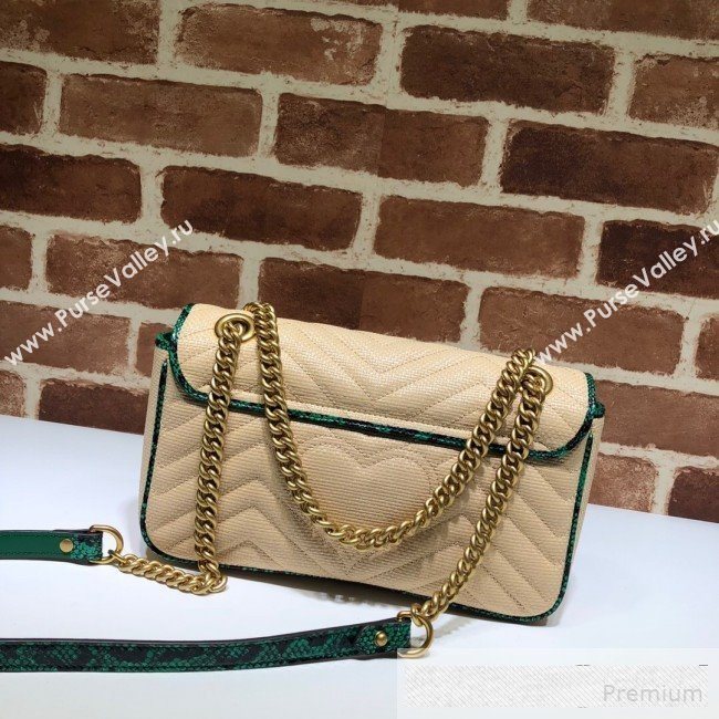 Gucci GG Marmont Raffia Small Shoulder Bag ‎443497 Beige/Green Snakeskin Trim 2019 (DLH-9061058)