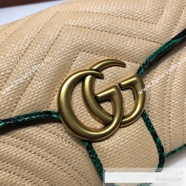 Gucci GG Marmont Raffia Small Shoulder Bag ‎443497 Beige/Green Snakeskin Trim 2019 (DLH-9061058)