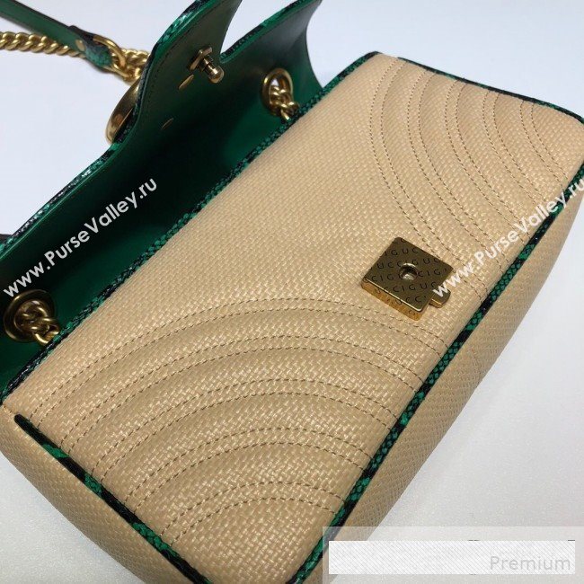 Gucci GG Marmont Raffia Small Shoulder Bag ‎443497 Beige/Green Snakeskin Trim 2019 (DLH-9061058)