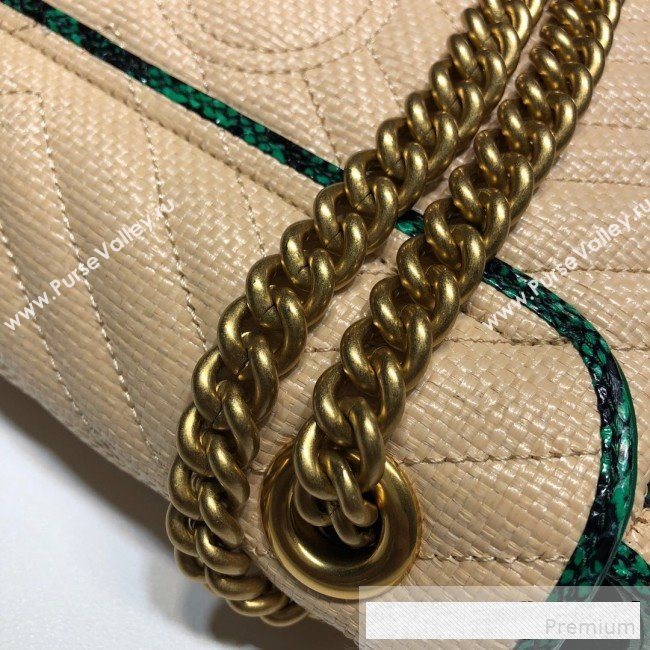 Gucci GG Marmont Raffia Small Shoulder Bag ‎443497 Beige/Green Snakeskin Trim 2019 (DLH-9061058)