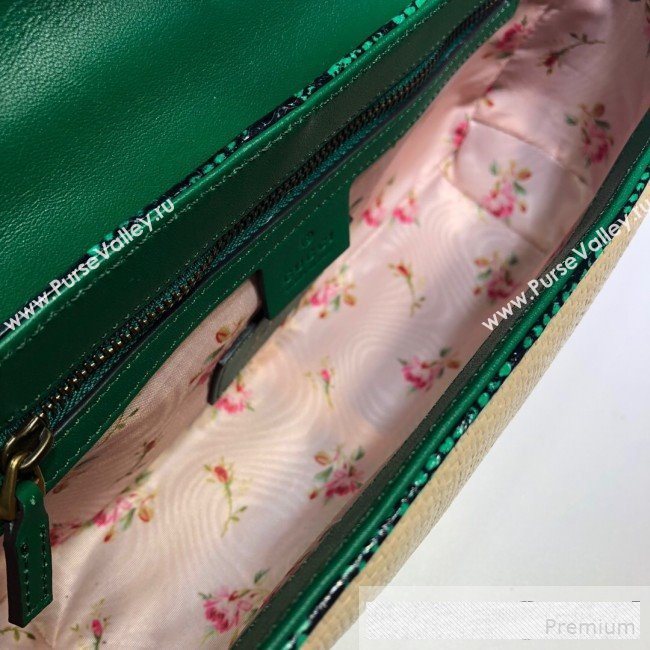 Gucci GG Marmont Raffia Small Shoulder Bag ‎443497 Beige/Green Snakeskin Trim 2019 (DLH-9061058)