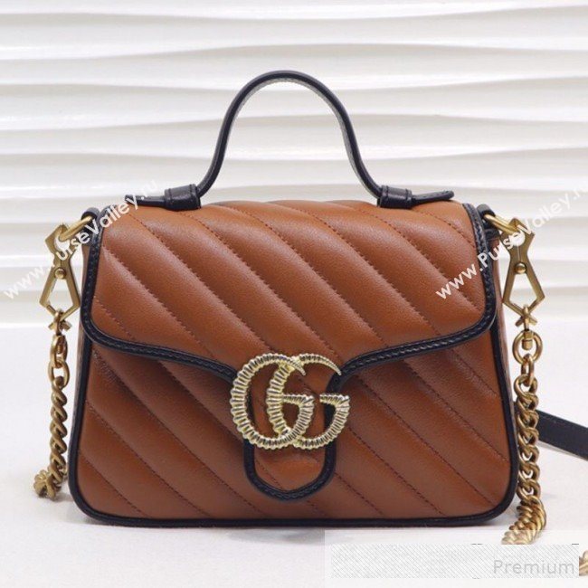 Gucci GG Diagonal Marmont Leather Mini Top Handle Bag 547260 Cognac Brown/Black 2019 (MINGH-9061107)