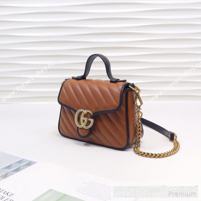 Gucci GG Diagonal Marmont Leather Mini Top Handle Bag 547260 Cognac Brown/Black 2019 (MINGH-9061107)