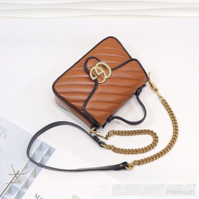 Gucci GG Diagonal Marmont Leather Mini Top Handle Bag 547260 Cognac Brown/Black 2019 (MINGH-9061107)
