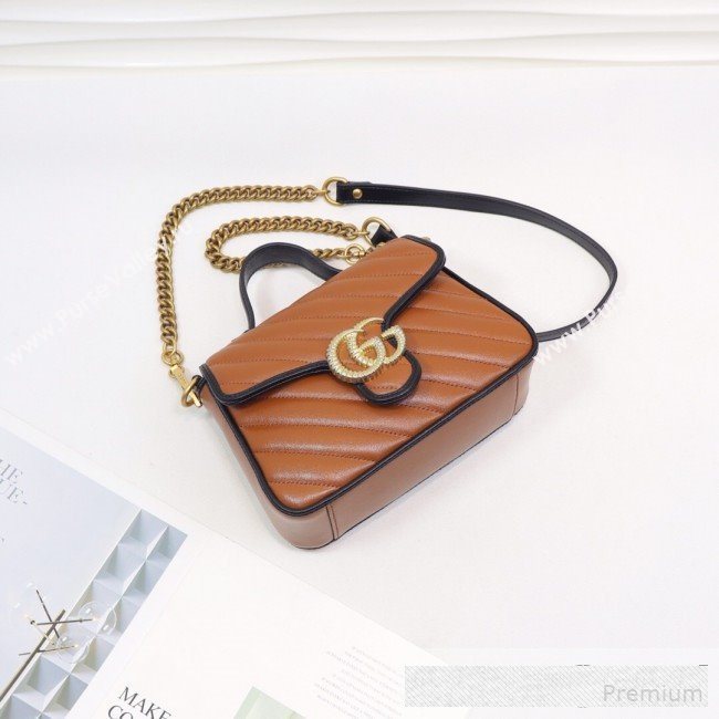 Gucci GG Diagonal Marmont Leather Mini Top Handle Bag 547260 Cognac Brown/Black 2019 (MINGH-9061107)