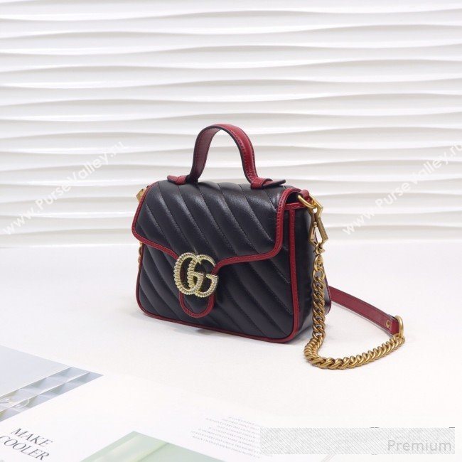 Gucci GG Diagonal Marmont Leather Mini Top Handle Bag 583571 Black/Red 2019 (MINGH-9061106)