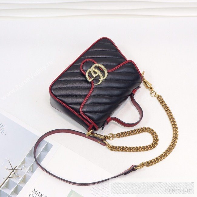 Gucci GG Diagonal Marmont Leather Mini Top Handle Bag 583571 Black/Red 2019 (MINGH-9061106)