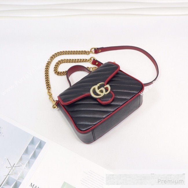 Gucci GG Diagonal Marmont Leather Mini Top Handle Bag 583571 Black/Red 2019 (MINGH-9061106)